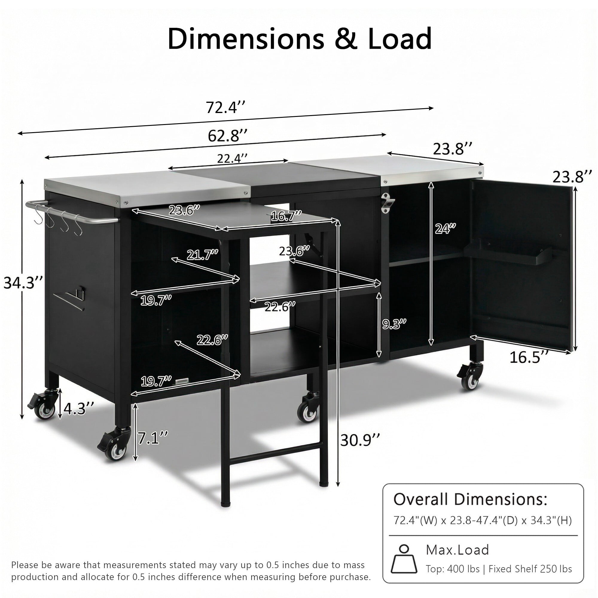 AENKYO 72" Outdoor Grill Cart for Big Green Egg, Metal BBQ Kitchen Island w/ Fold-out Prep Table & Stainless Top