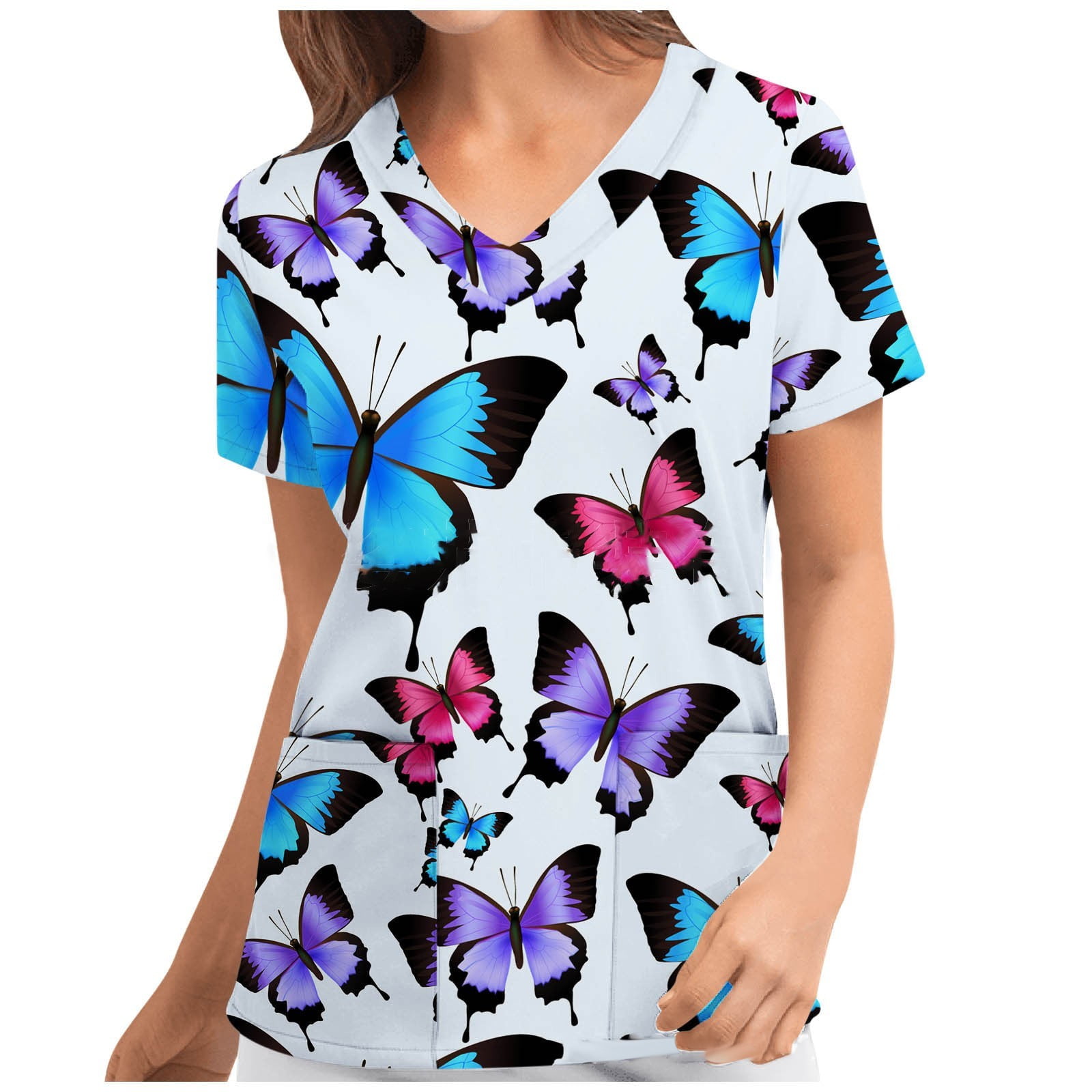 Details about   Womens Microfiber Medical Scrub Printed Tops Gray Butterflies Light Blue Loops L 