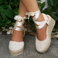 thumbnail image 2 of Rokment Espadrilles Platform Dressy Shoes for Women Bride Wedding Summer Fall Elegant Casual Leather Pointed Closed Toe Wedge Heeled Satin Strappy Sandals Beige Size 6, 2 of 6