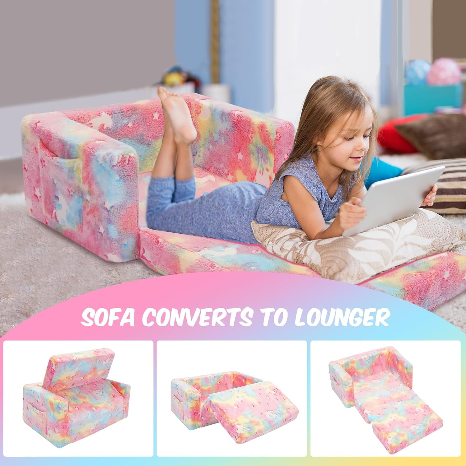Kids Couch Toddler Chair Folding, Soft Couch 2 in 1 Kids Sofa Glow in The Dark Couch, Gifts Sleeper for Girls Boys - Pink Unicorn