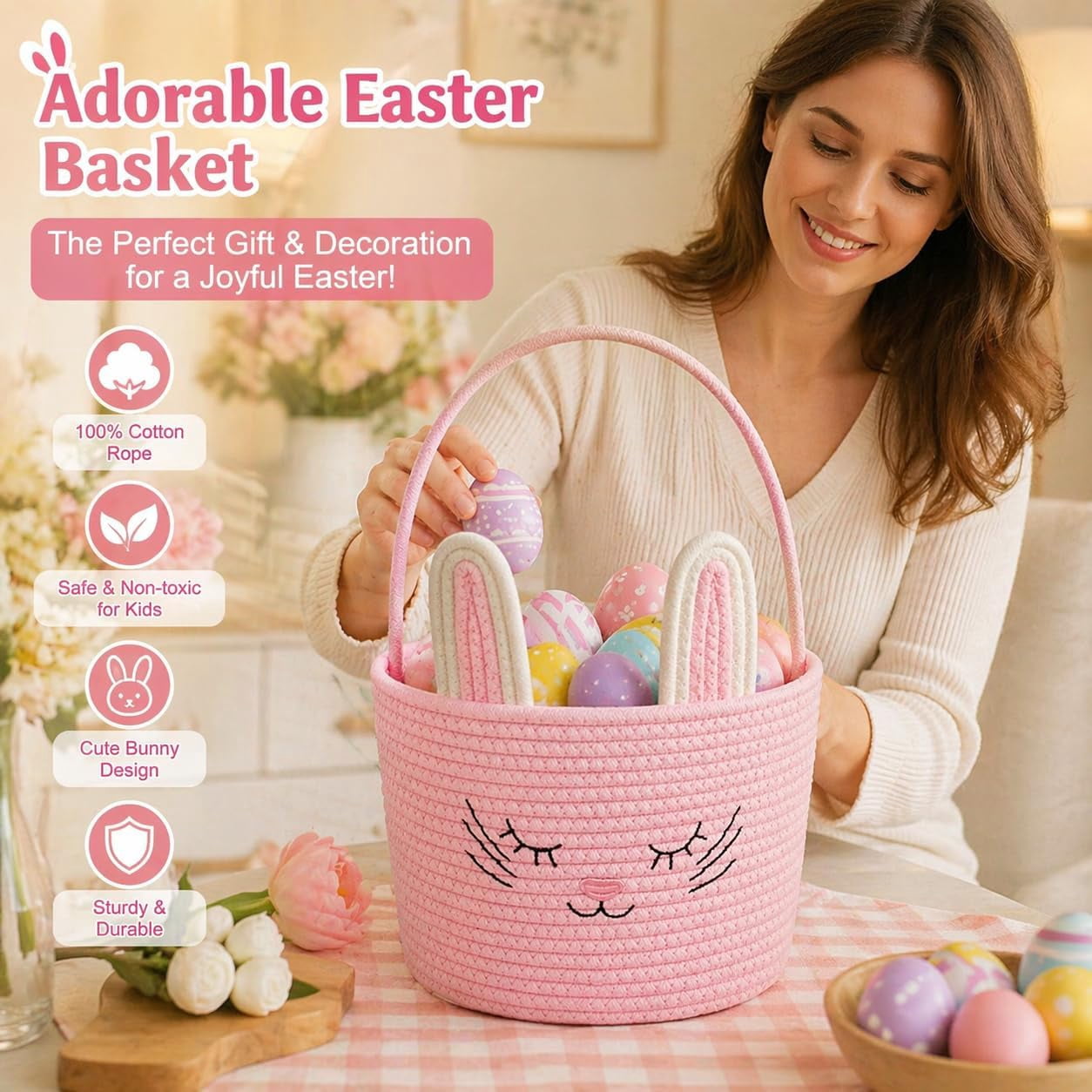 Easter Basket Bunny Design, Gift Basket with Handle, Cute Storage Basket for Eggs Candy Toys, Decorative Organizer for Party Holiday Gifts