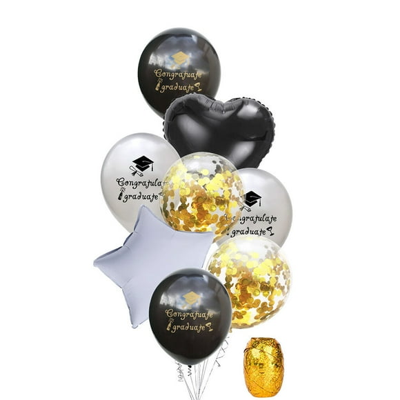 1 juego de 9 piezas Felicitar globos graduados Globos de lentejuelas de látex Decoración de fiesta con cinta (dorado y negro)