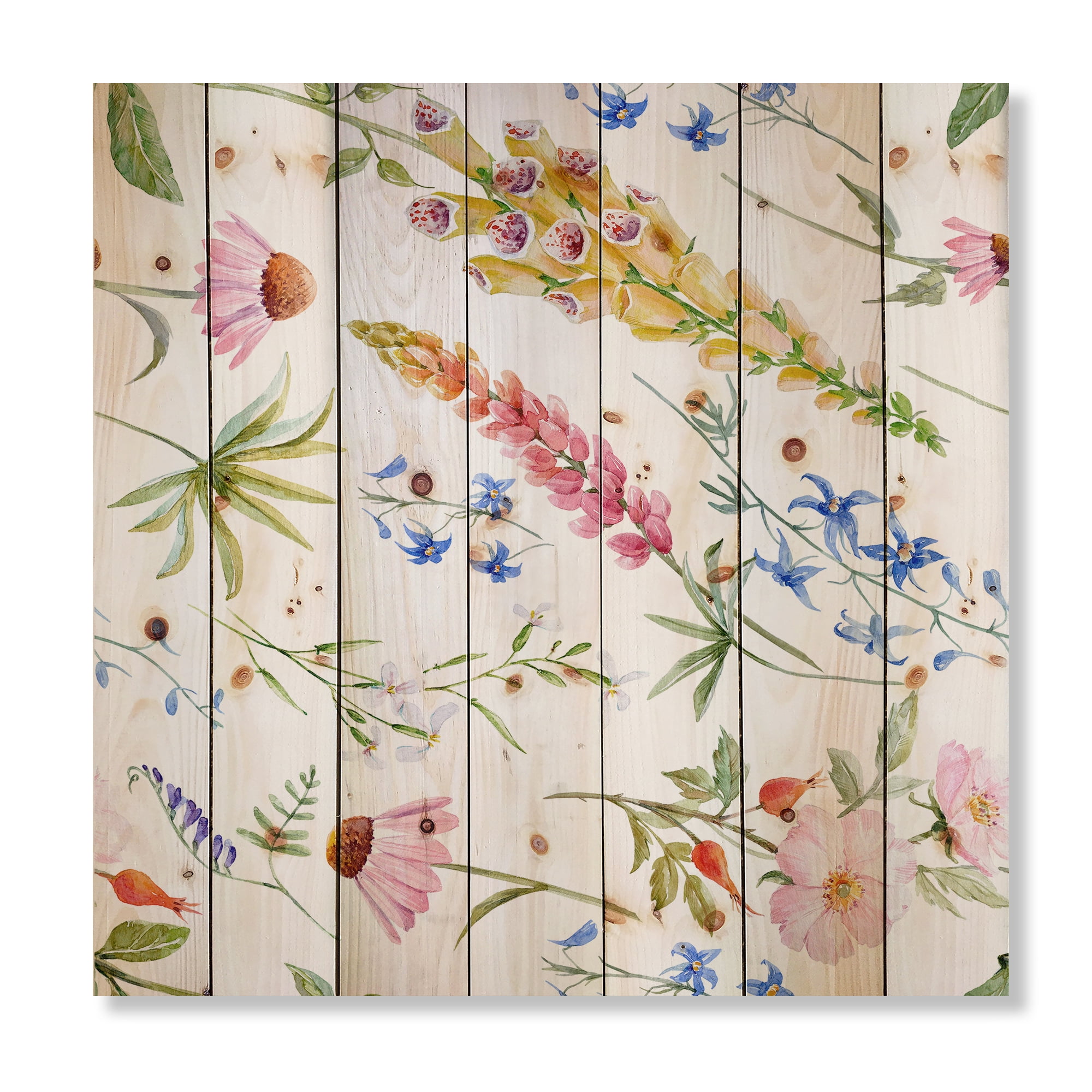 Designart 'Vibrant Summer Wildflowers On White I' Traditional Print on Natural Pine Wood