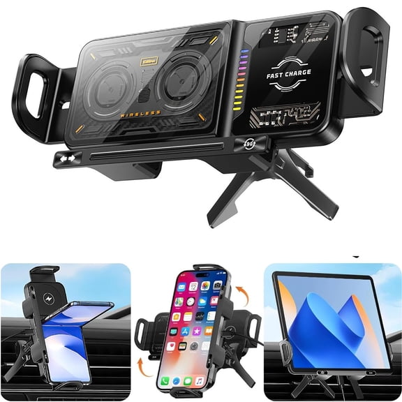 Smart Car Wireless Charger 2-in-1 Auto-Rotating Car Phone Holder & Wireless Charger – Foldable Mount with Fast Charging – Compatible with iPhone & Samsung