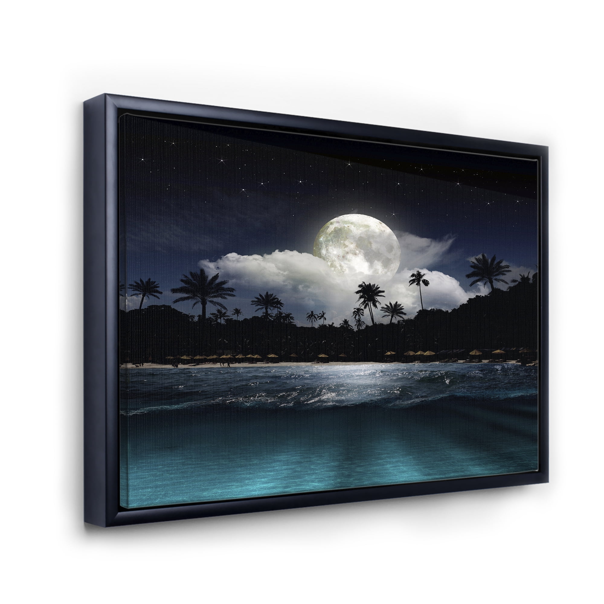 Designart 'Green Beach Under Tropical Full Moon' Modern Framed Canvas Wall Art Print