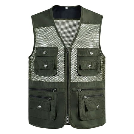 SSAAVKUY Men s Vest Multi-Pocket Fishing Vest Breathable Mesh Outdoor Work Vest with Zippered Pockets Green 12