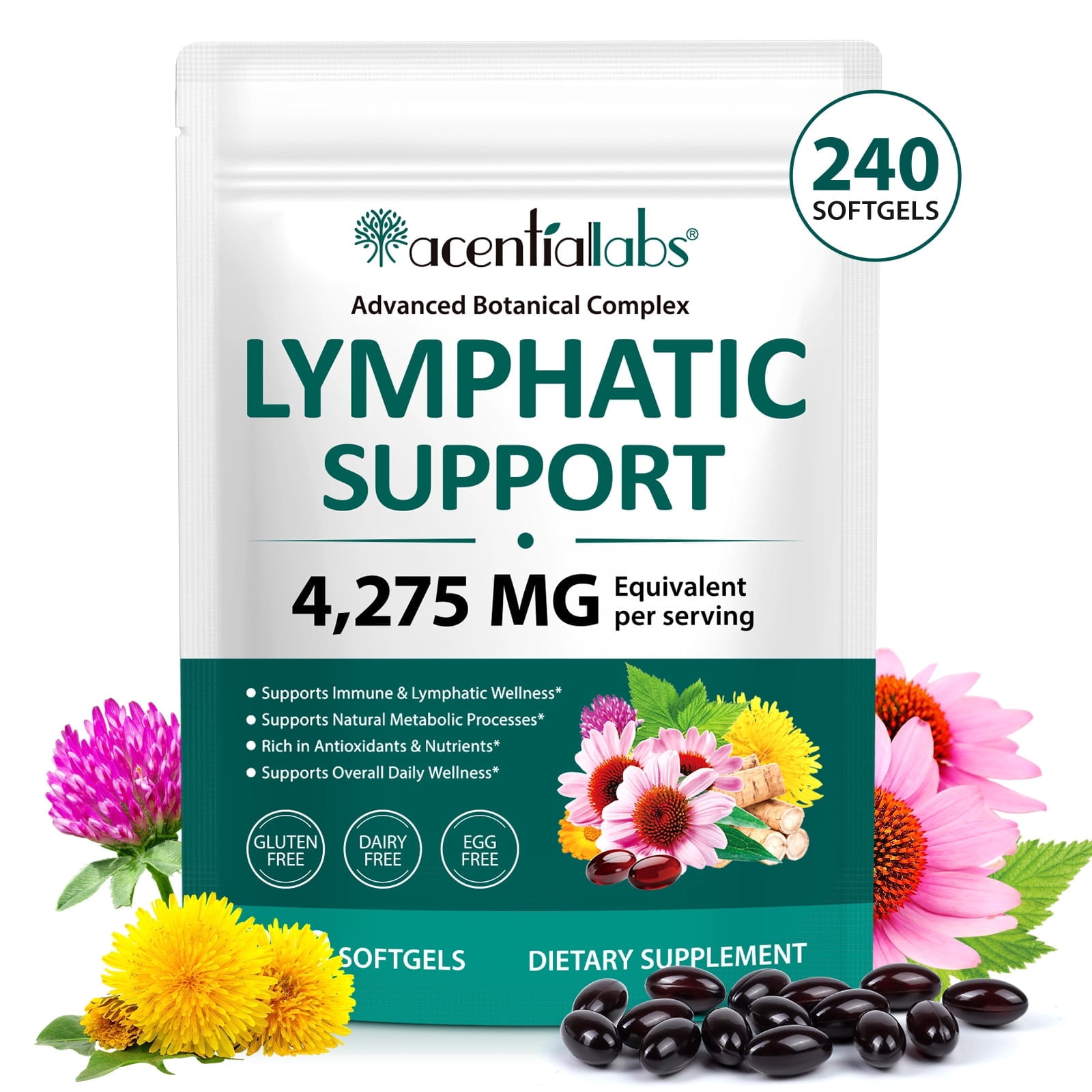 Lymphatic Support, 21-In-1 with Echinacea, Dandelion, Burdock, Supports lmmune & Lymphatic Wellness, 240 Softgels