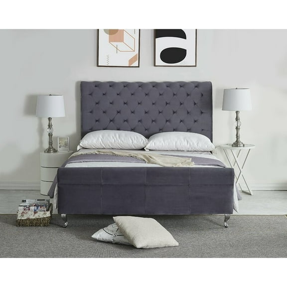 Uspridefurniture Collinsworth Tufted Low Profile Sleigh Velvet Bed -Queen