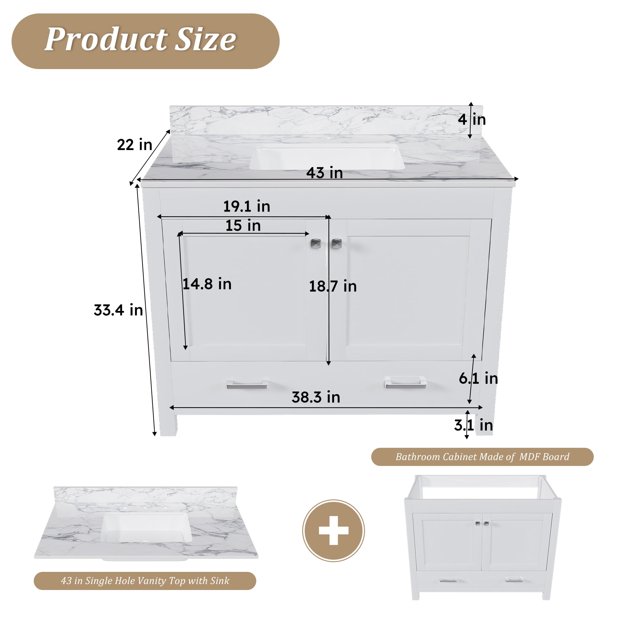 Mintazer 43 Inch Bathroom Vanity Cabinet with Sink, Bathroom Storage Vanity with Drawer & Single‑Hole Ceramic Sink Sintered Stone Countertop, Backsplash for Bathroom, White