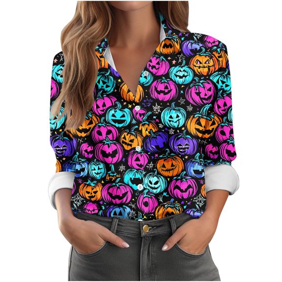 Women's Plus Size Halloween Printed Shirt Button Down Long Sleeve Lapel Collar Casual Fall Winter Tops (XL, Black)