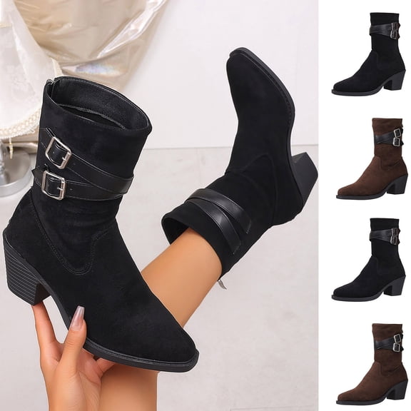 Women Double Buckle Western Ankle Boots, Mid Stacked Heel Suede Cowboy Booties, Back Zipper Vintage Short Boots Brown 9.5(43)