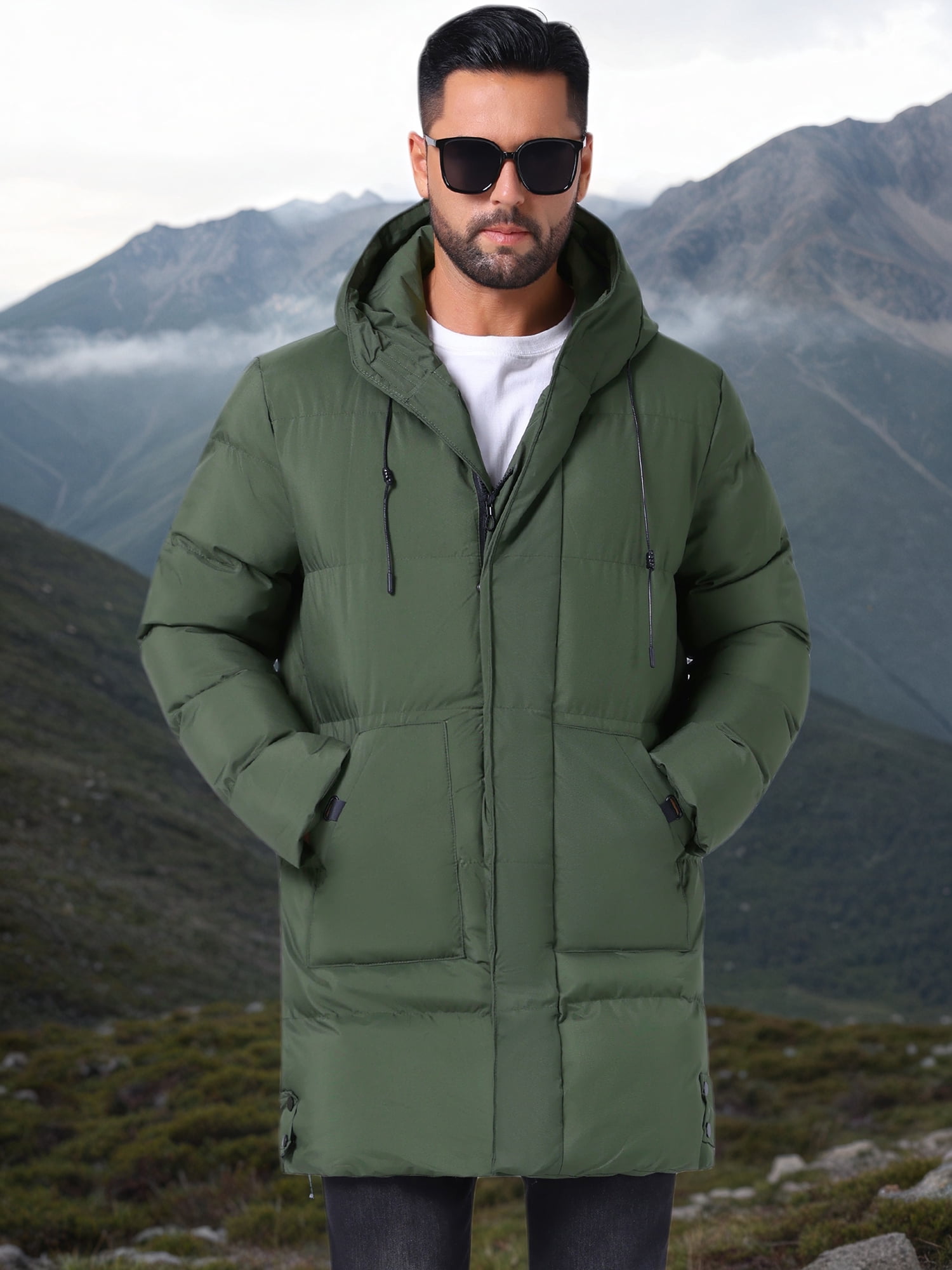 DARING DIVA Men's Mid-Length Outerwear Zipper Quilted Hooded Padded Coat M Dark Green