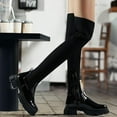 thumbnail image 3 of Over The Knee Boots for Women Wide Calf, Platform Thigh High Boots Womens  Knit Leather Splicing Long Boots Black Round Toe Chunky Heels Zipper Stretch Sexy Tall Boots Winter Warm Dress Boots, 3 of 6