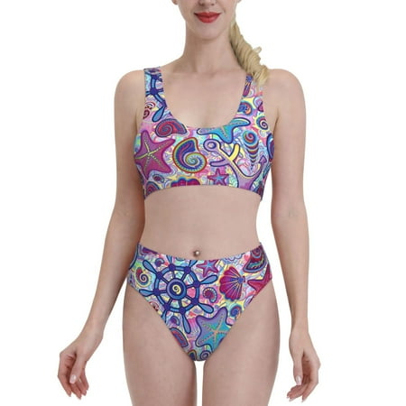 Bixox Cute Nautical Pattern Two-Piece Sports Bikini with U-Shaped Top and High-Waist Bottom - Women s Swimwear with Removable Bra Pads