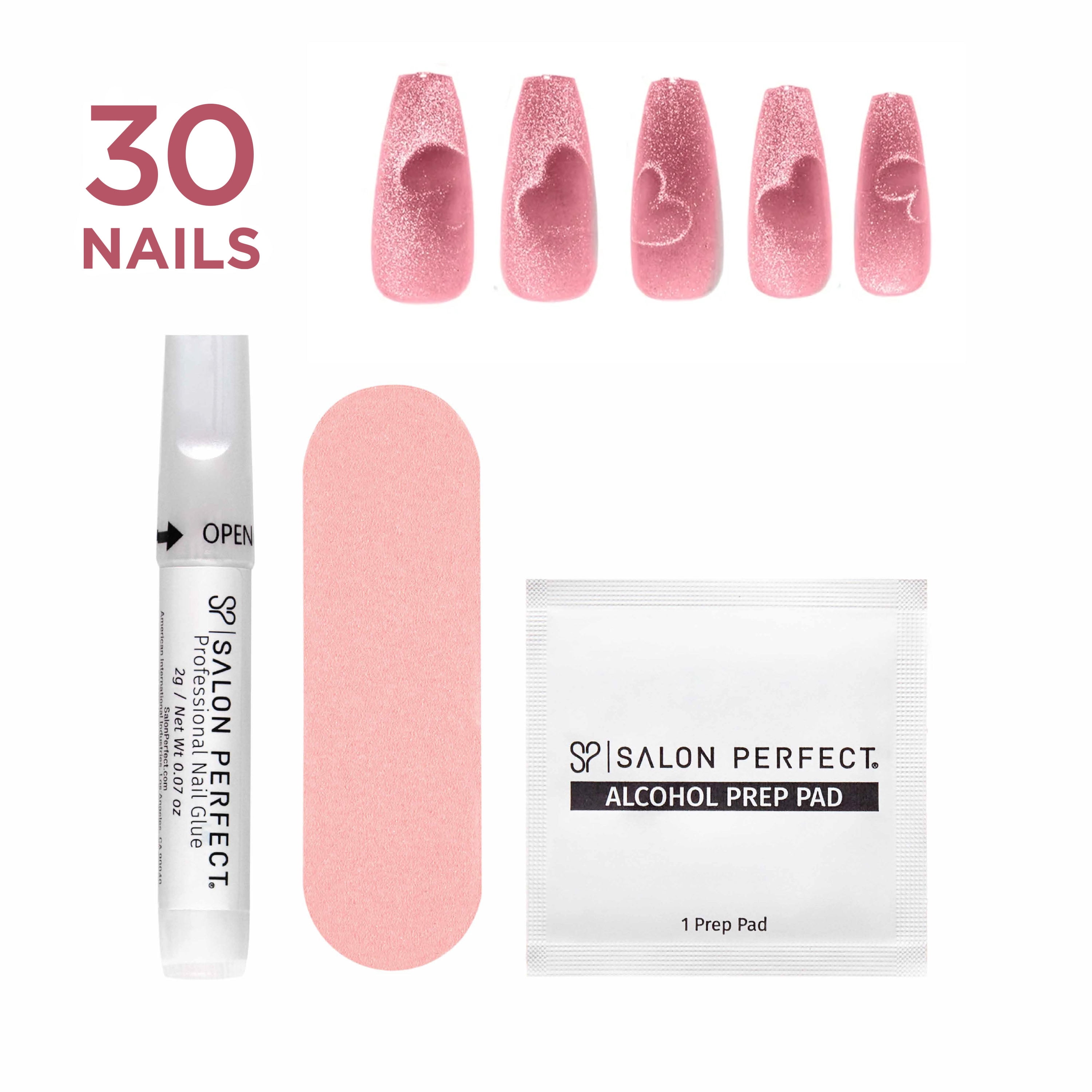 Salon Perfect Artificial Fake Press On Nails, 310 Viral Nail Edit, Magnetic Heart, Long Coffin, File, Glue, and Prep Pad Included, 30 Nails