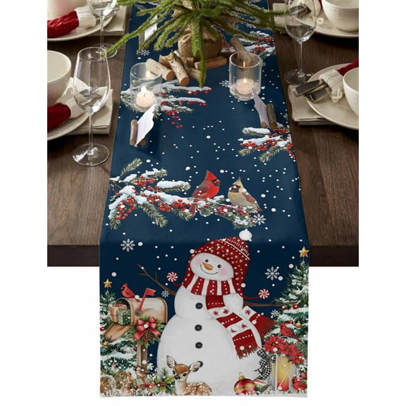 Navy Blue Christmas Dresser Scarf Farmhouse, Dining Table Decorations for Wedding/Parties, Red Snowman Xmas Tree Snowflake Winter Table Runner 70 Inches Long for Kitchen Dining, 13 x 70 In