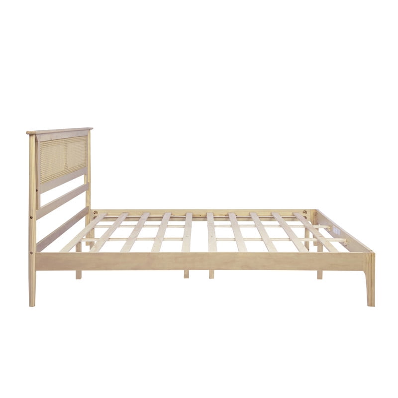 King Size Wooden Platform Bed with Rattan Headboard, Low-Profile Bed Frame with 8.6'' Under-Bed Storage