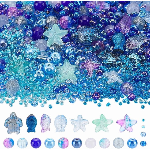 Kit para hacer cuentas de vidrio de 1060 piezas en 9 estilos. Cuentas coloridas con temática oceánica para pulseras, collares y manualidades. Orificio: 0,8-1,6 mm.