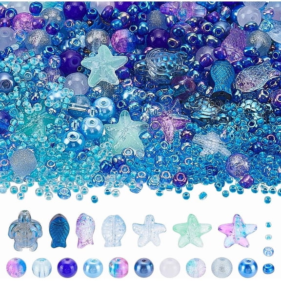 1060 Pcs 9 Styles Glass Beads Making Kit Colorful Crystal Beads Ocean Theme Glass Beads for Bracelets Jewelry Making Necklaces DIY Crafts Hole: 0.8-1.6mm