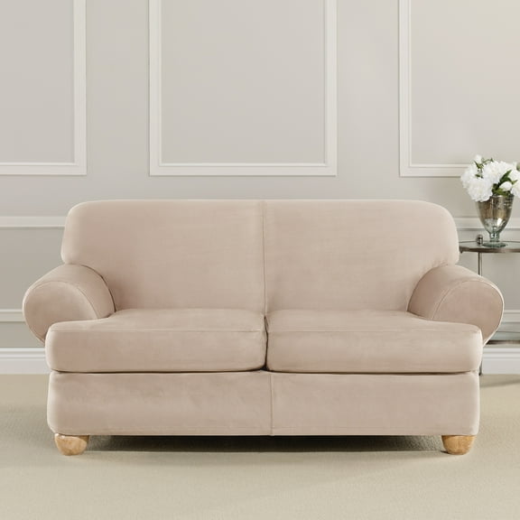 SureFit Ultimate Stretch Suede Loveseat Slipcover, 3-Piece, Cement Beige T-Cushion Loveseat Cover
