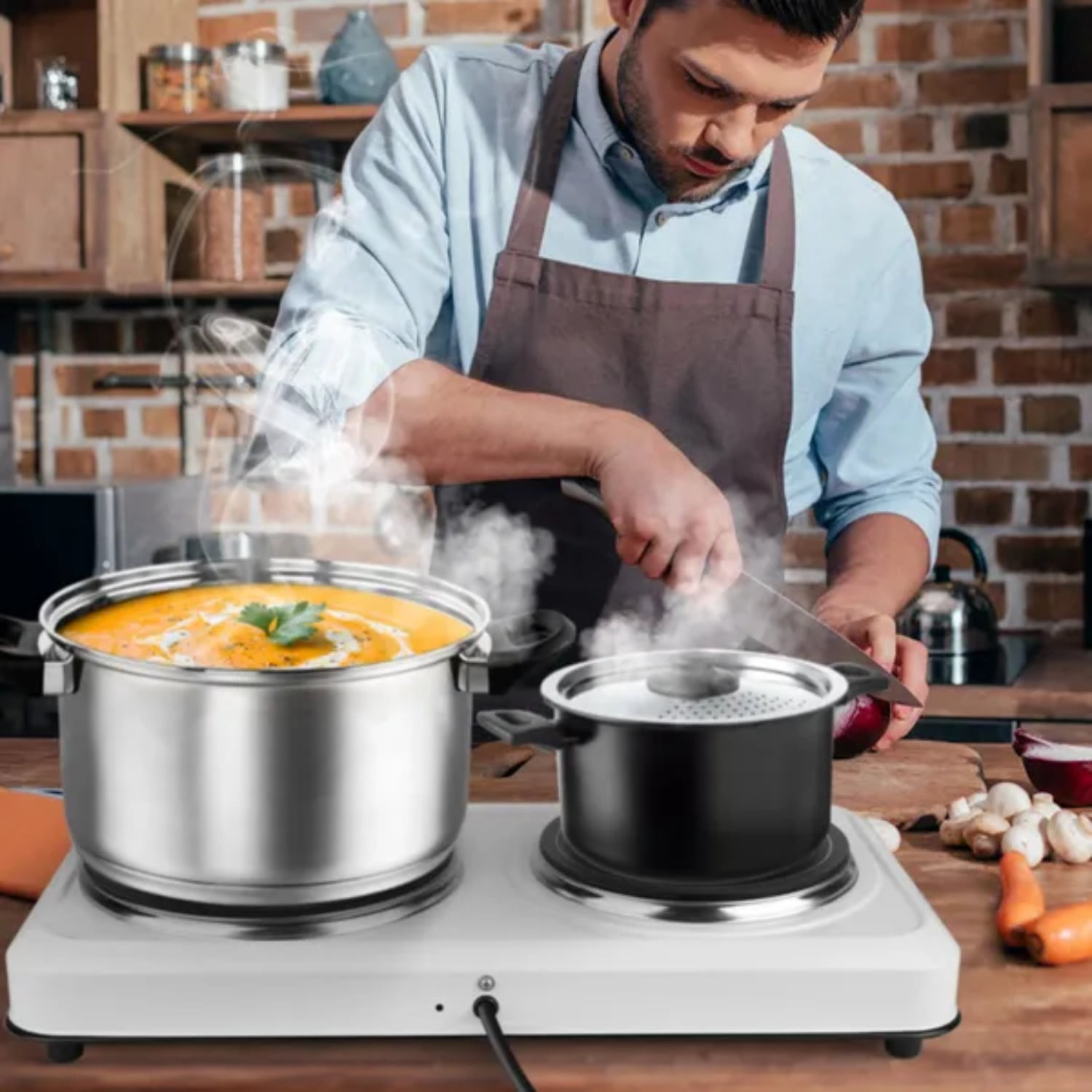 Infrared Dual Burner Electric Hot Plate 1800W Countertop Stove with 1000W & 800W Glass Plates 302-1022℉ Stepless Temp Auto Shut-Off Compact Portable for Dorms RVs & Apartments Black/White (US Plug)