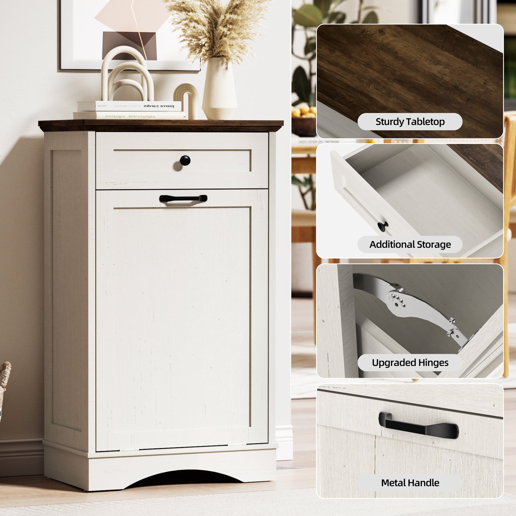 AHB 13 Gallon Tilt Out Kitchen Trash Cabinet with Drawer, Single Trash Can Storage Organizer, 20.9"L x 13.55"W x 38.5"H , White