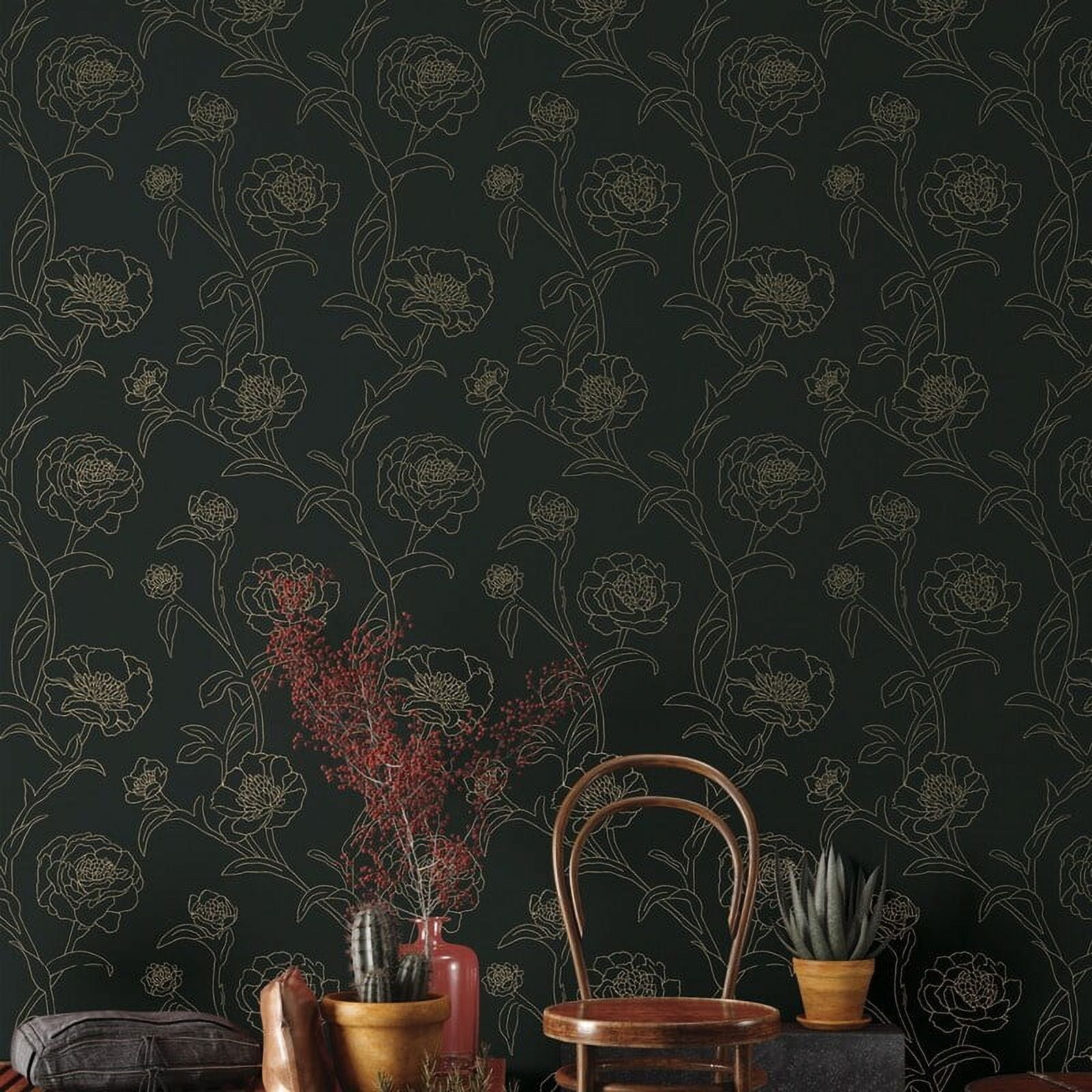 Tempaper Black & Metallic Gold Peonies Peel and Stick Wallpaper, 20.5" x 16.5'
