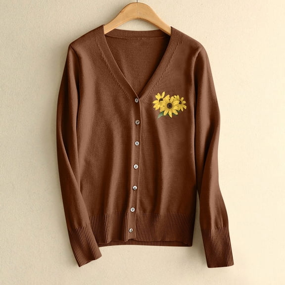 ClodeEU Womens Sweaters ,Floral Pattern Single Breasted Knit Cardigan Sweater, Fall Casual Lightweight Cardigans Brown,Womens Plus M