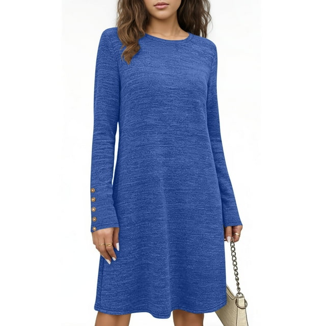 TaTaai Women's Spring Summer Casual Dress Long Sleeve Round Neck Printed Loose Fit Knee Length Shift Dress Soft Gift
