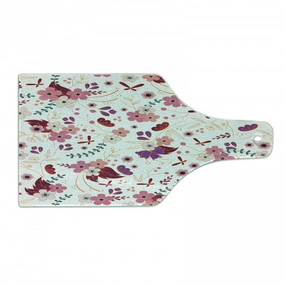 Botany Cutting Board, Cartoon Design Pattern of Spring Floweret and Branches Repetition Print, Decorative Tempered Glass Cutting and Serving Board, in 3 Sizes, by Ambesonne
