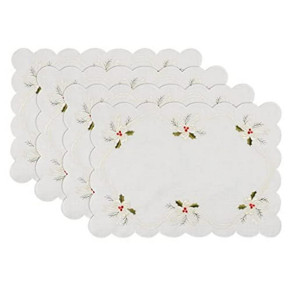 Fennco Styles Embroidered Holly & Ribbon Design Holiday Placemats 14" W x 20" L, Set of 4 - White Table Mats for Christmas, Winter Holidays, Home Décor, Banquet, Family Gathering, Special Occasion