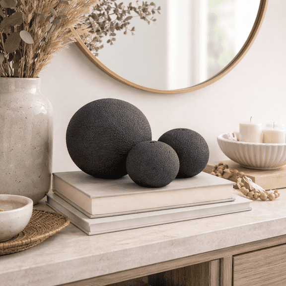 Spherical Orbs for Home and Bathroom Counter Decor - Modern Living Room, Shelf, and Coffee Table Accents - Textured Ceramic Orbs for Kitchen Counter and Mantel - Set of 3, 6", 5", 4", Black