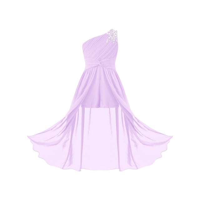 Sywiyi Robe de Demoiselle d'Honneur à une Épaule pour Enfants, Robe de Fête de Mariage en Chiffon Perlé Lavande 14