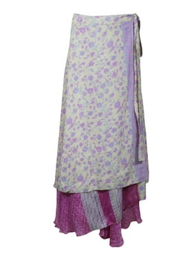 Mogul Women Vintage Silk Sari Magic Wrap Skirt Reversible Printed 2 Layer Sarong Beach Wear White,Pink Cover Up Long Skirts One Size