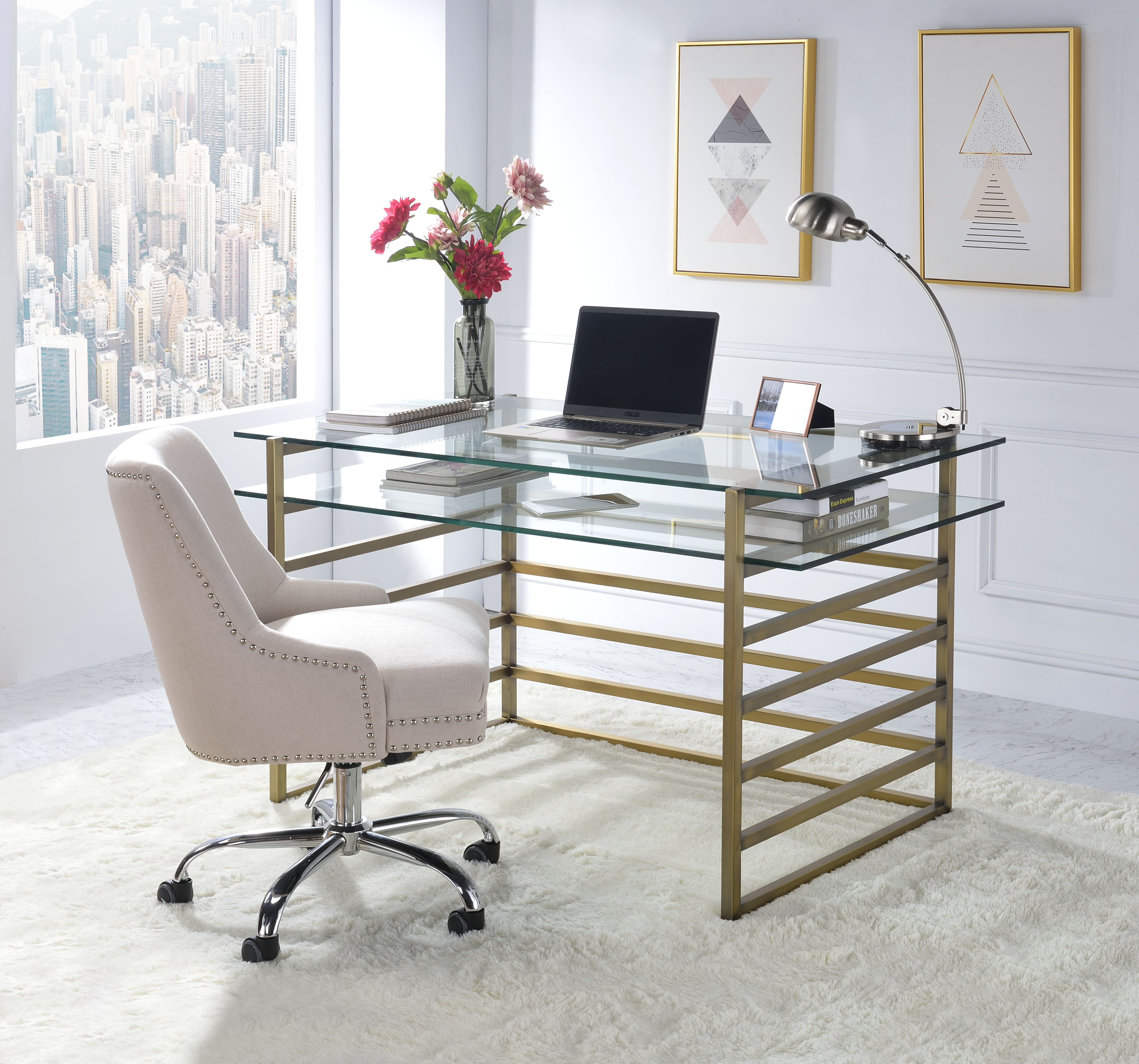 Acme Shona Metal Frame Desk in Antique Gold and Clear Glass