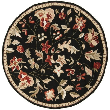 36 Round Hooked Rug - 3' Raspberry Blossom Caviar Black and Wine Hand Hooked Round Wool Area Throw Rug