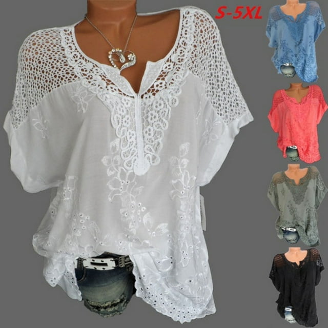 Mode d'Été pour Femmes T-Shirt Ample en Maille Patchwork Manches Courtes Col en V Décontracté