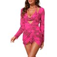 thumbnail image 4 of INSPIRE CHIC Women's Halter Floral Triangle Bikini Sets, 3 Pieces Swimsuit Long Sleeve Drawstring Cover Up Mesh Ruched Dress Swimwear Rose Red Purple Small, 4 of 6