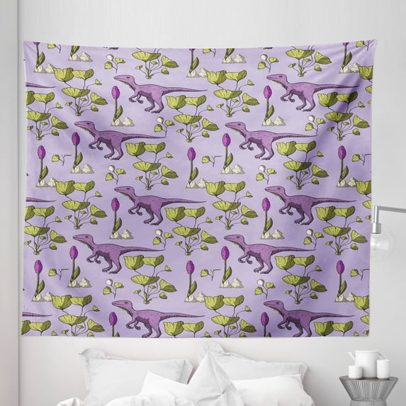 Dinosaur Funny Tapestry, Old Antique Earth Cretaceous Prehistoric Animal Fossil Illustration, Fabric Wall Hanging Decor for Bedroom Living Room Dorm, 5 Sizes, Pale Lavender Mauve, by Ambesonne