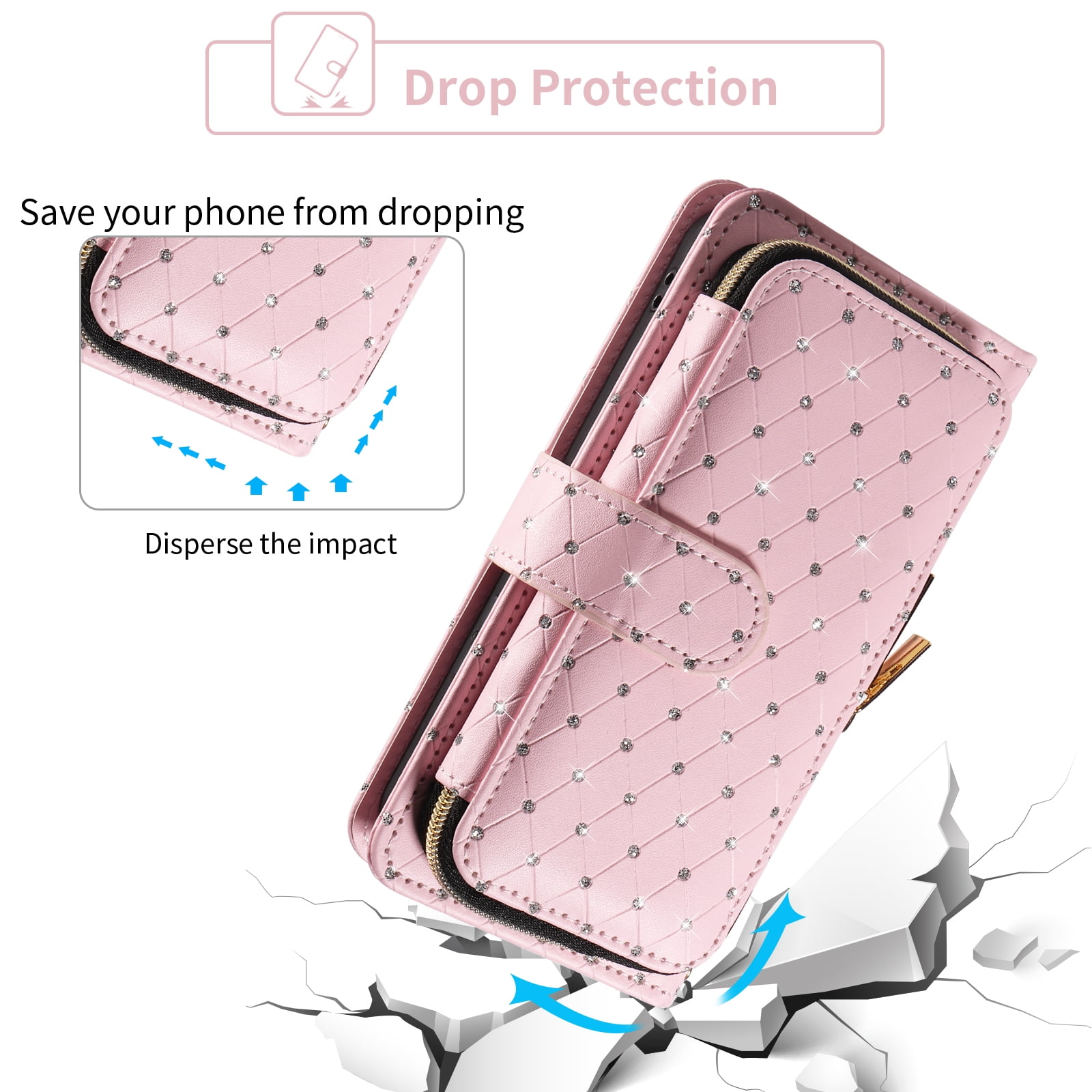 Compatible with Samsung Galaxy A54 5G Wallet Phone Case Tempered Glass Screen Protector Bling Glitter Crossbody Lanyard Strap Flip Zipper Purse Card Holder Cell Cover for A 54 54A SM A546U Women Pink