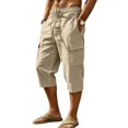 thumbnail image 2 of Linen Capri Pants for Men Big and Tall Classic Straight Leg Cargo Capris Elastic Waist Pull On Cropped Lounge Pants Khaki M, 2 of 9