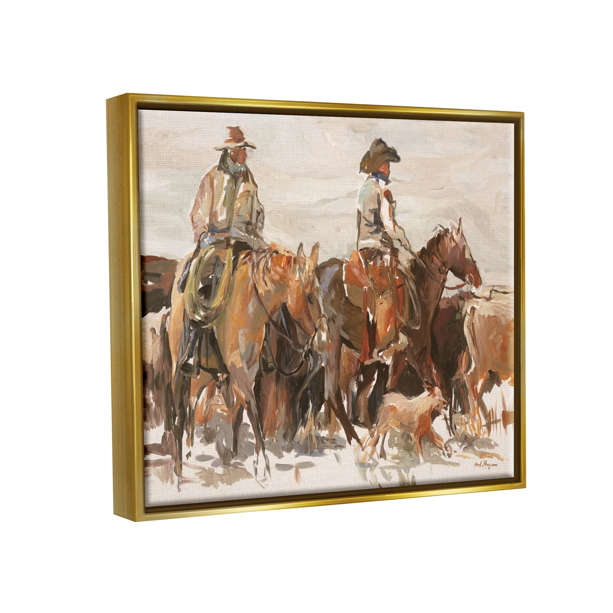 Stupell Industries Cowboys And Horses Farm Western Painting Metallic Gold Framed Floating Canvas Wall Art, 24x30, by Marilyn Hageman