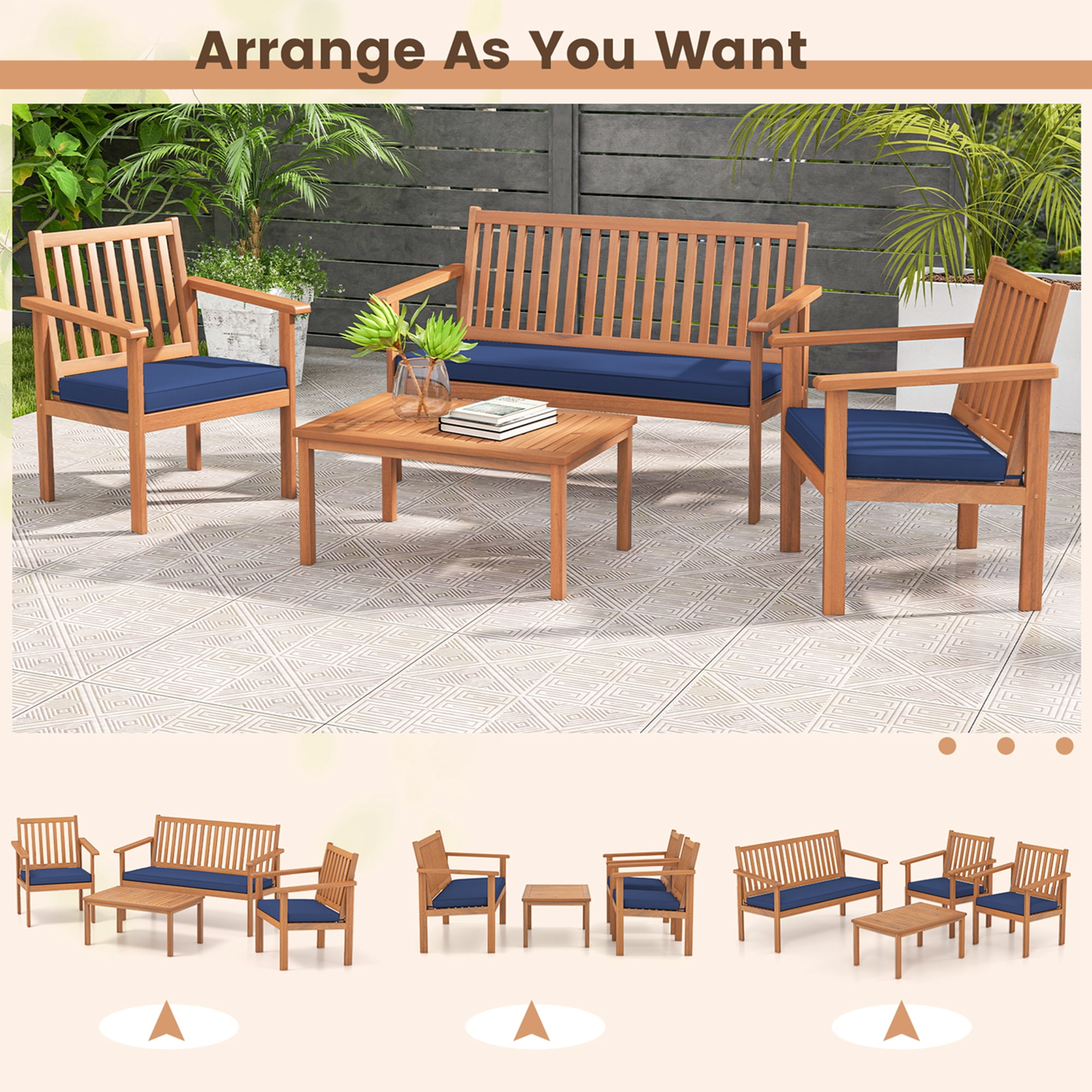 Costway 4 PCS Patio Wood Furniture Set with Loveseat, 2 Chairs & Coffee Table for Porch Navy
