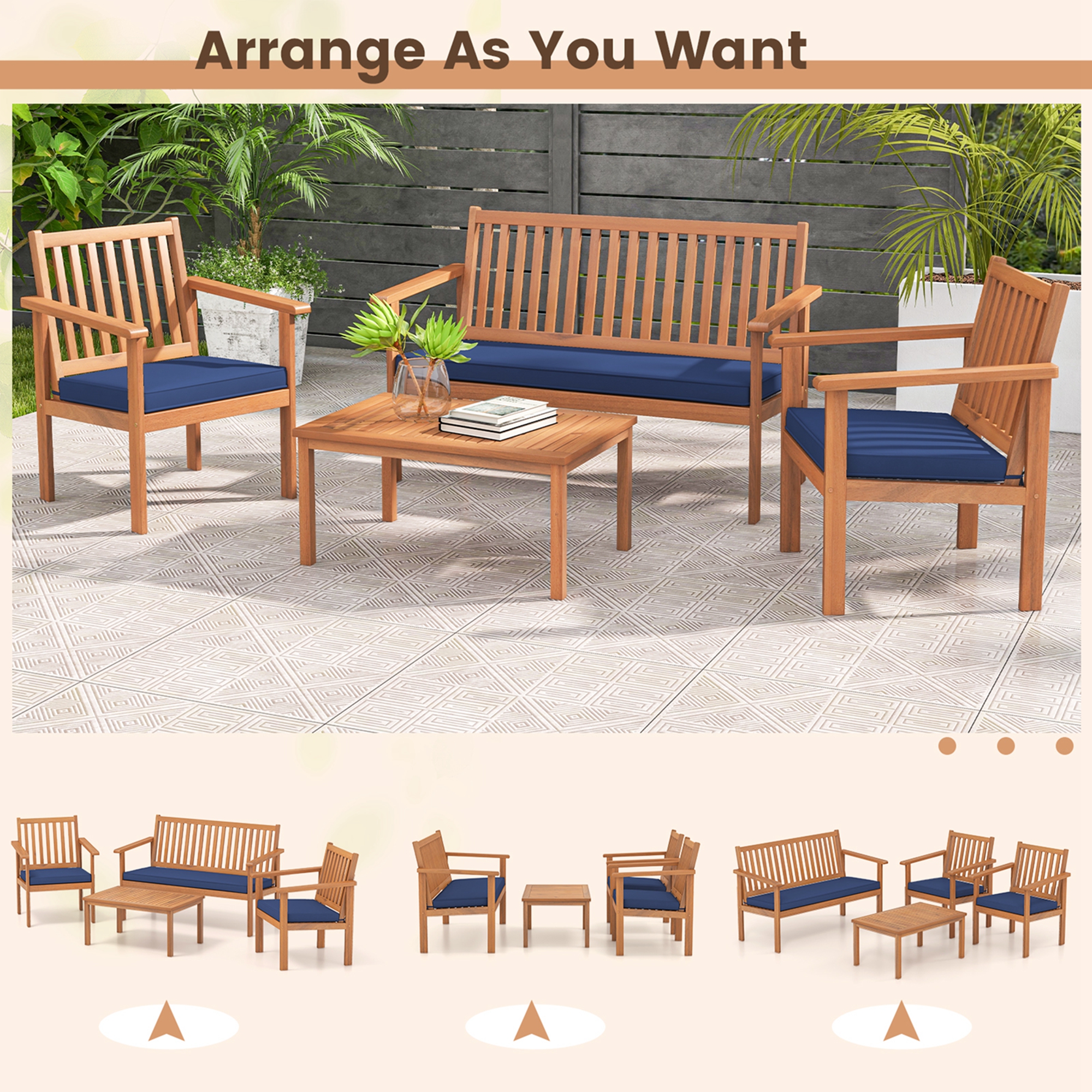 Costway 4 PCS Patio Wood Furniture Set with Loveseat, 2 Chairs & Coffee Table for Porch Navy - image 5 of 10