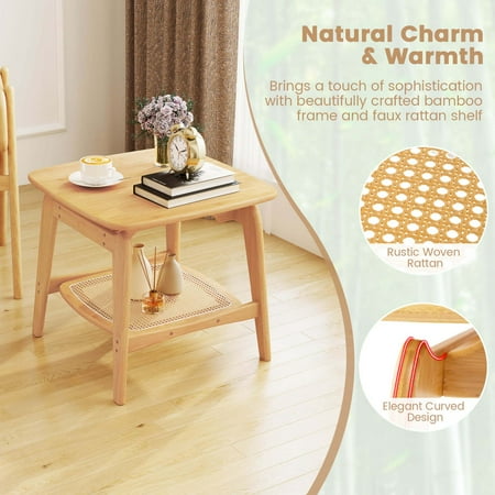 Costway 1 PCS Bamboo Sofa Side Table with Faux Rattan Storage Shelf Boho End Table Living Room - Natural