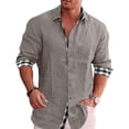 thumbnail image 2 of Camisa con botones para hombre, manga larga, cuello vuelto, patrón liso exterior, estampado interior a cuadros, camisa holgada informal suave para hombre, 2 of 6