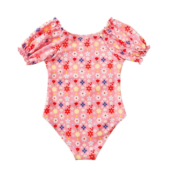Huowey Baby Swimsuit Girl One Piece Swimwear Floral Print Round Neck Short Ruffle Sleeve Bikini Swimsuit Beach Swimwear,Pink,7-8 Years