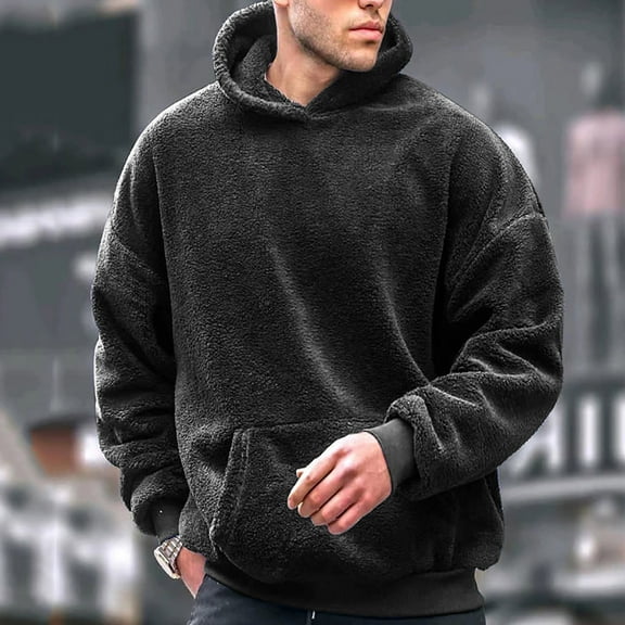Fleece Hoodies for Men S-5XL Big and Tall Pullover Sherpa Plus Size Sweatshirts with Front Pocket Casual Solid Loose Warm Long Sleeve Hoodie