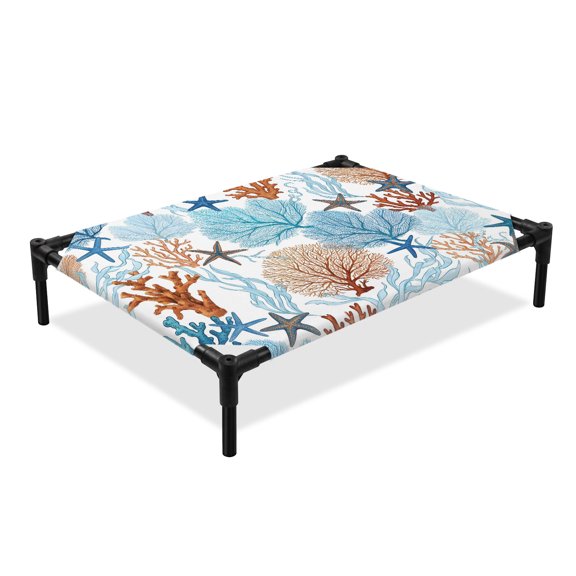 Coral Stars Elevated Dog Bed, Summer Sea Blue Brown Corals Star Cooling Breathable Outdoor Raised Dog Cot Bed with Metal Frame Non-Slip Feet for Large Dog 28x22in