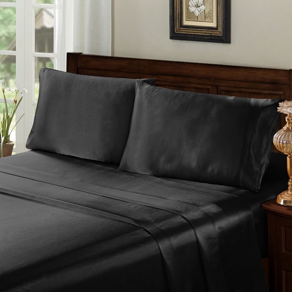 Home Soft Things Silky Satin 4 Piece Bed Sheet Set - Black - Queen
